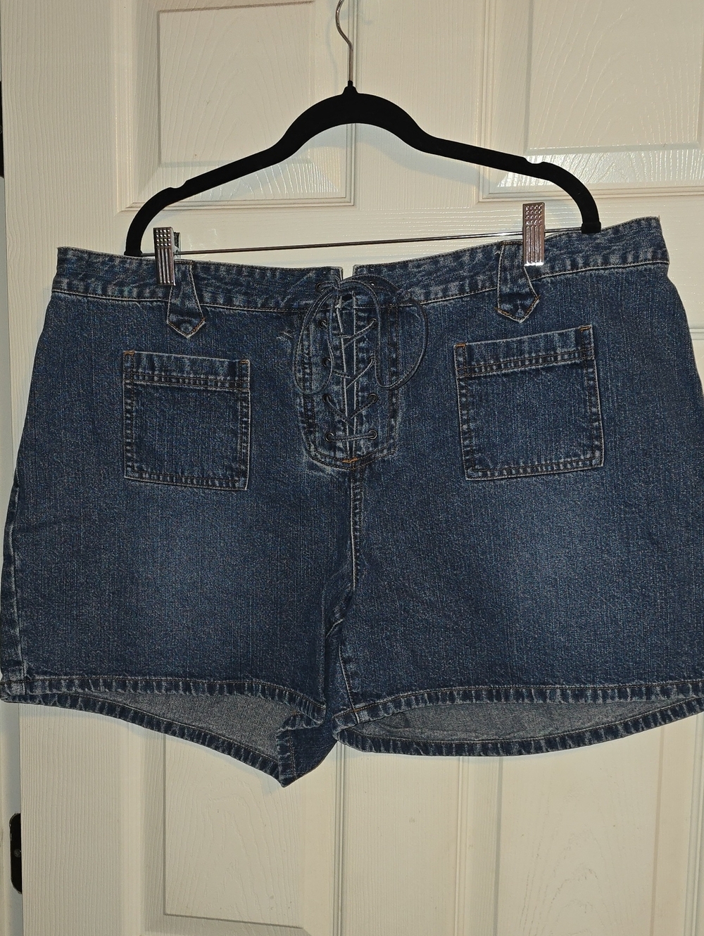 Lace-Up Front Dark Blue Denim Jean Shorts for Women